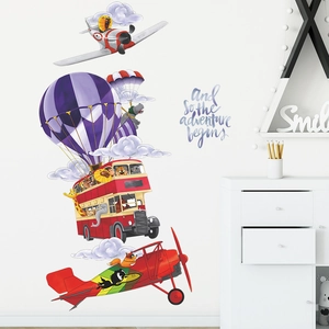 Cartoon animal transportation wall stickers with balloon and bus for kids room decor