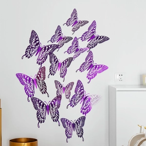 Macro detail of purple 3D hollow butterfly wall stickers with pearlescent finish
