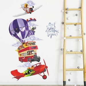 Cartoon Animal Hot Air Balloon Airplane Bus Wall Stickers For Kids Room Adventure Theme PVC Self-Adhesive Home Decor