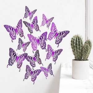 Macro shot of 3D purple hollow butterflies with metallic texture on white wall