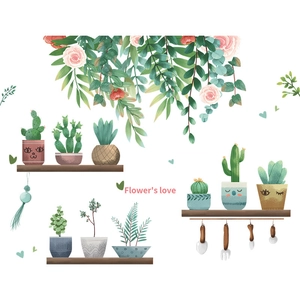 Adesivi murali nordici con piante grasse verdi succulente e vasi da fiori a cartoni