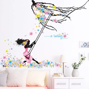 Adesivo da Parete Silhouette Ragazza sull'Altalena Con Rami di Albero Fioriti Colorati in PVC Murale Autoadesivo per Camera da Letto Soggiorno