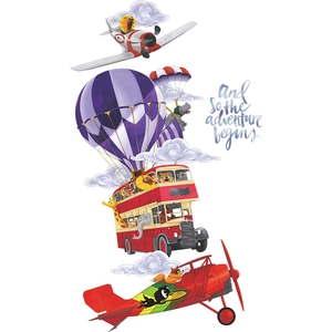Cartoon animal bus and hot air balloon wall stickers with and so the adventure begins text