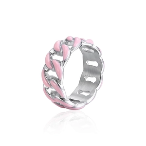 Hip hop silver cuban chain ring with pink enamel paint for men and women
