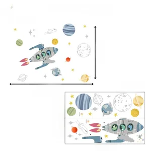 Space theme wall sticker size chart showing rocket and astronaut decals 119x106cm