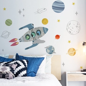 Cartoon space rocket wall sticker with dinosaurs and planets for boys bedroom decor