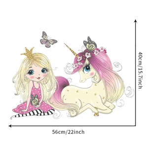 Cartoon princess and unicorn wall sticker dimensions showing 40cm by 56cm size