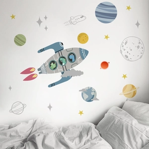 Cartoon space rocket and dinosaur wall stickers set for children's bedroom decor