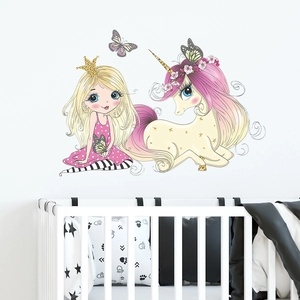 Princess and unicorn wall stickers for girls' bedroom decor with stars and butterflies