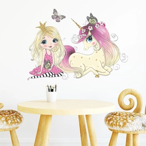 Cartoon princess and unicorn wall stickers for kids bedroom decor with butterflies