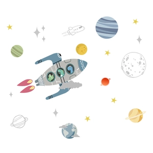 Cartoon rocket and space dinosaur wall stickers for kids bedroom decor on white background