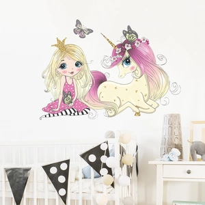 Cartoon princess and unicorn wall stickers for girls bedroom decor over a white crib