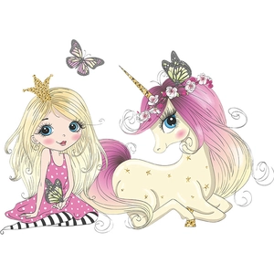 Princess and unicorn wall stickers for girls' bedroom, featuring golden crown and pink mane
