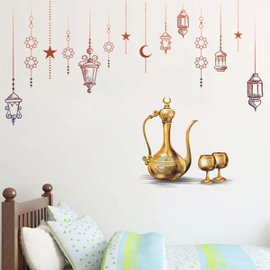 Islamic style wall sticker featuring golden Ramadan lanterns and Arabic coffee pot on bedroom wall