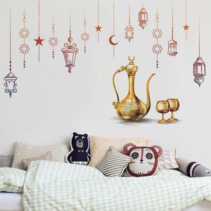 Ramadan themed wall stickers featuring golden lanterns and crescent moon for bedroom decor
