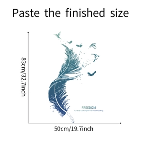Detailed dimensions of blue feather and flying birds wall sticker showing 83cm height