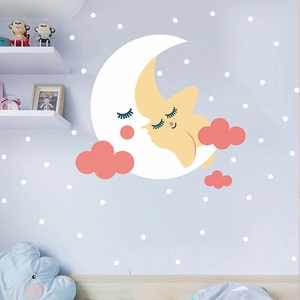 Cartoon moon stars and pink clouds wall decal set for cozy kids bedroom nursery decor