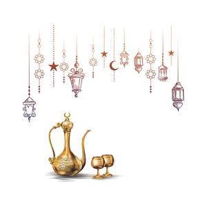 Golden Middle Eastern coffee pot set with cups and crescent moon decorative wall stickers