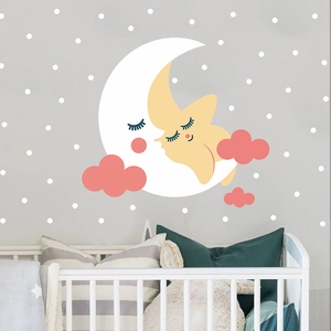 Sweet moon and stars wall sticker for nursery bedroom decor on a grey wall background