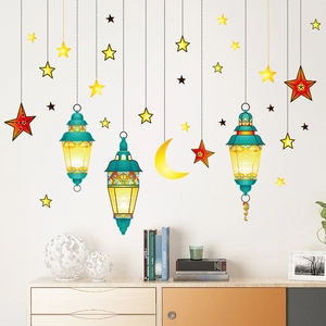 Ramadan moon and stars wall stickers with green golden Middle Eastern hanging lanterns