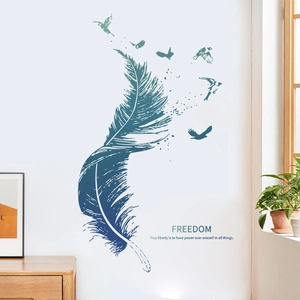 Blue feather turning into birds wall sticker with Freedom text for home decor