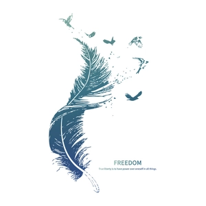 Artistic blue feather and flying birds wall sticker with Freedom text design