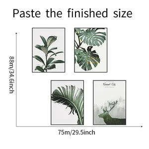 Detailed size chart for tropical leaf and elk wall stickers measuring 75cm x 88cm