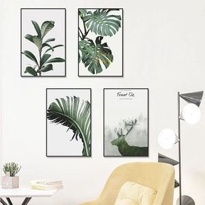 Set of 4 Nordic style tropical plant and elk wall art prints with black frames
