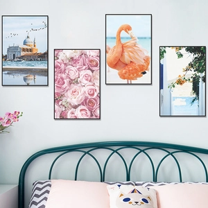 Set of four framed wall art pieces with swan castle flowers and scenic Mediterranean views