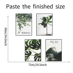 Size chart showing 88x75 cm finished dimensions for tropical green leaf wall stickers