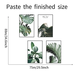 Detail of four tropical Monstera and Palm leaf wall stickers with love living text