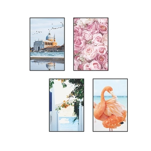 Set of 4 minimalist modern wall art frames featuring floral and European landscape motifs