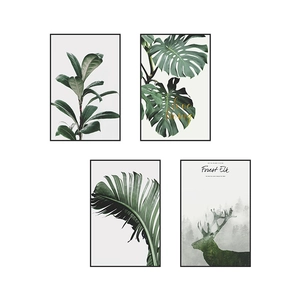 Set of 4 tropical green leaf and forest elk wall art prints for home decoration
