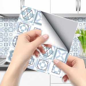 Peel and stick blue geometric pattern tile sticker for modern kitchen backsplash decor
