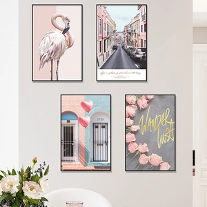 Modern swan and floral rectangle wall art set with minimalist black frames for bedroom