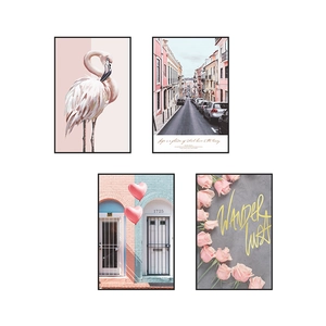 Set of 4 modern pink Nordic wall art posters featuring flamingo and floral designs