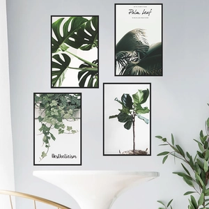 Minimalist tropical green leaf wall art set with black frames for modern home decoration