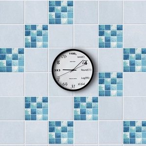 GeekCook minimalist mathematical round wall clock with equations on blue mosaic tile backdrop
