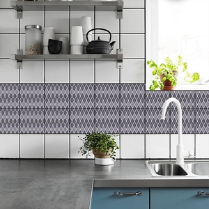 Detailed blue geometric tile stickers in kitchen with decorative plants and kettle