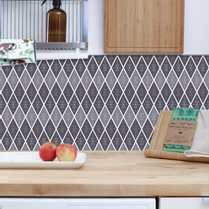 Blue geometric diamond tile stickers for kitchen backsplash with elegant gold patterns