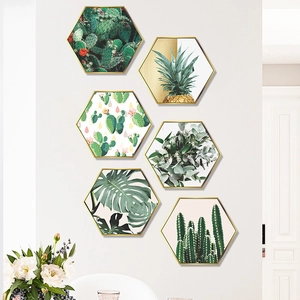 Modern 6-piece hexagonal green plant wall art set with golden frames for home decor