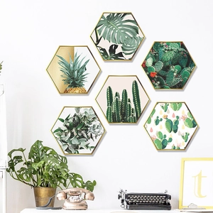Set of 6 hexagonal Nordic wall stickers with tropical cactus and greenery in gold frames