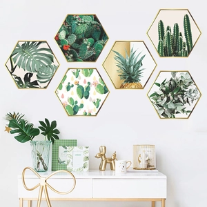 Nordic Hexagon Tropical Plant PVC Wall Stickers Gold Frame Look Cactus Monstera Pineapple Decor For Living Room Bedroom