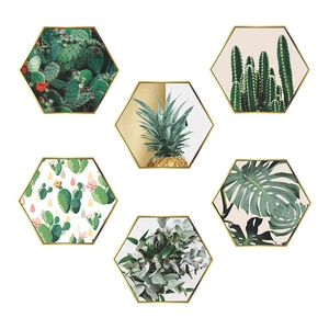 Set of six hexagonal gold-framed cactus and nordic plant wall stickers for home decor