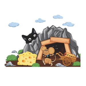 Detailed wall sticker featuring a cartoon cat, mouse with hotdog cart, and yellow cheese