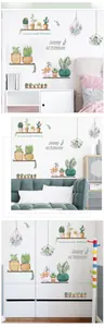 Detailed view of watercolor cactus wall stickers in a cozy bedroom and living room setting