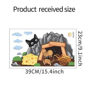 Cartoon wall decal layout with mouse, cat, and cheese for nursery, 39cm by 23cm