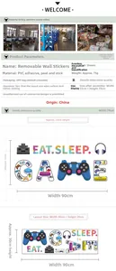Detailed layout and dimensions of Eat Sleep Game PVC wall stickers for boys room