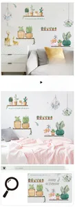 Detail display of watercolor cactus wall stickers in living room and bedroom settings
