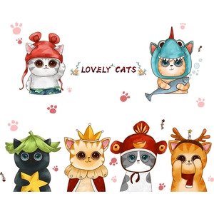 Detail showing six watercolor cartoon cats with creative hats for kids room wall decor